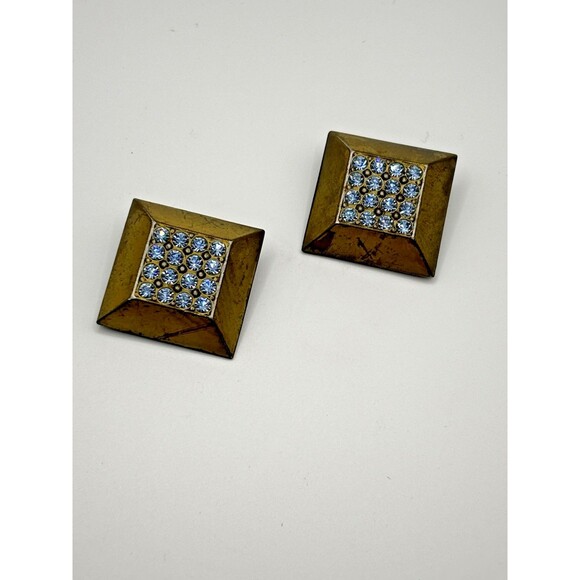 Vintage Art Deco  Rhinestone Square Clip On Earrings Gold Tone - Picture 2 of 4